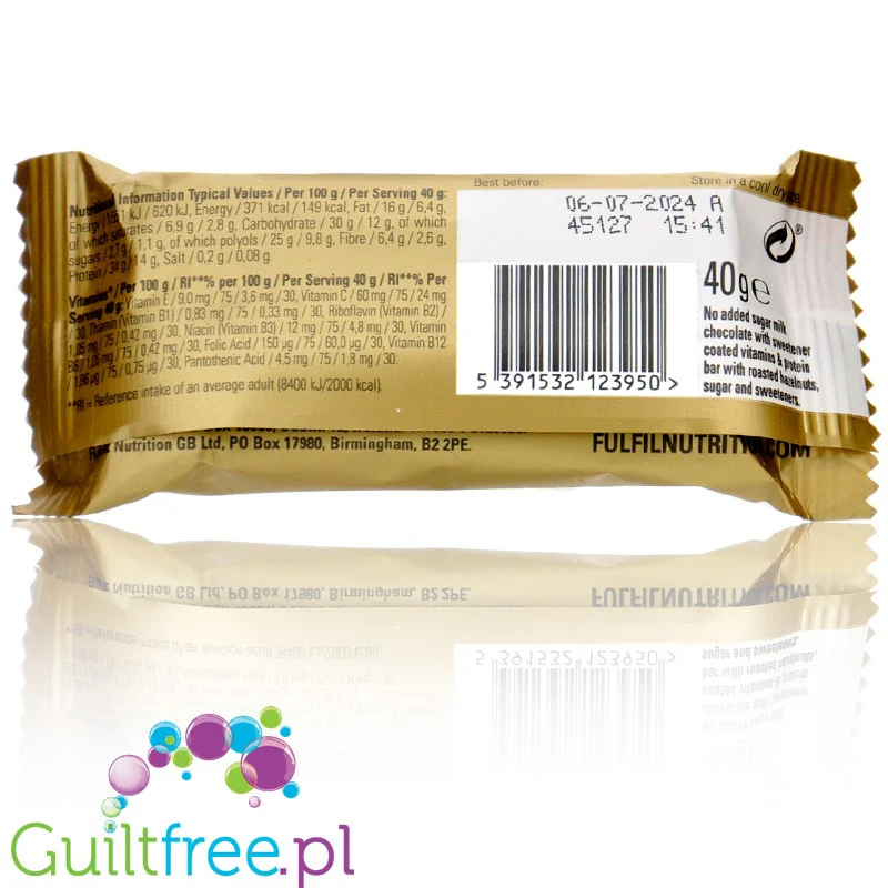Fulfil Chocolate Hazelnut Whip 40g - baton białkowy z witaminami, Mleczna Czekolada & Pralinki - Image 2