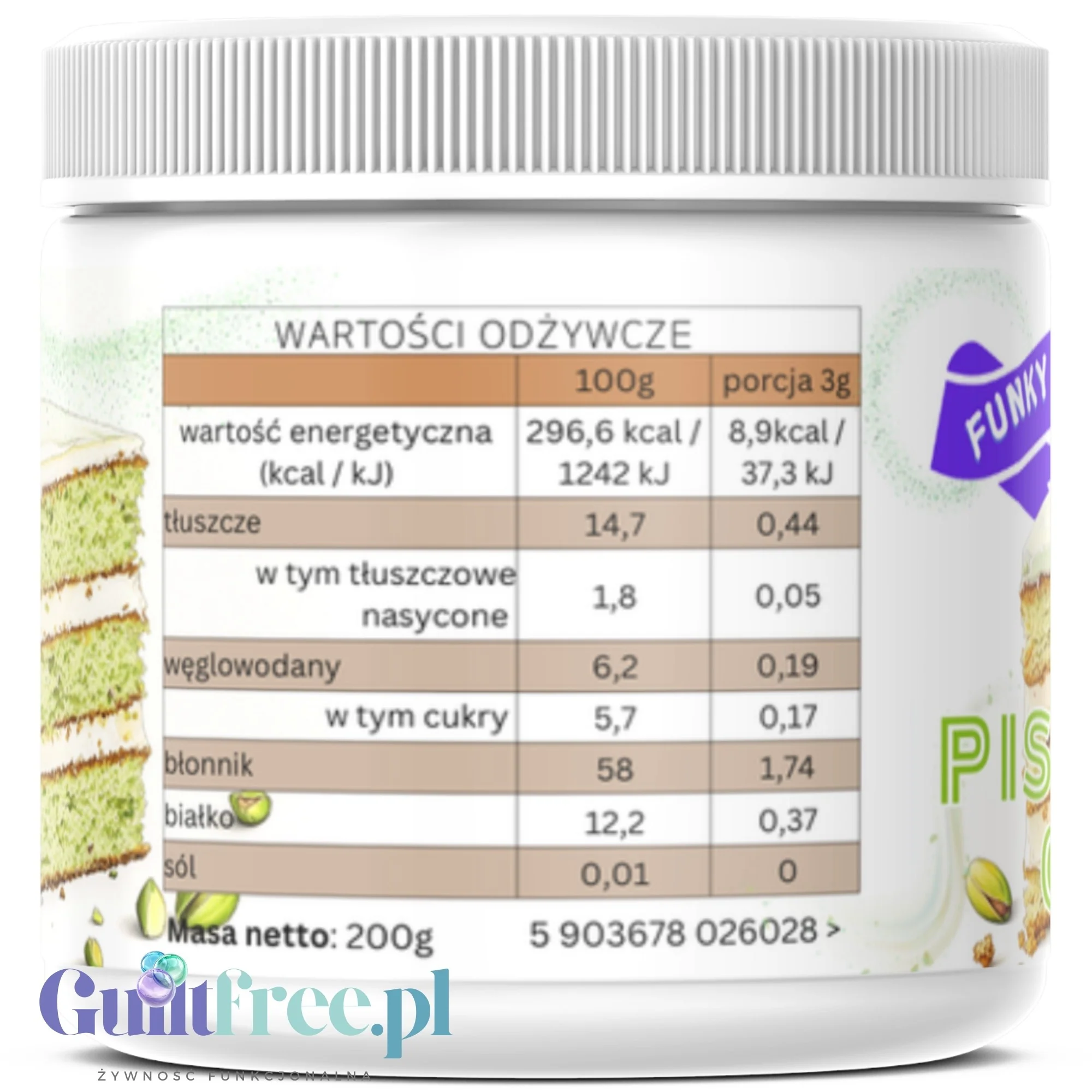 Funky Flavors Splash Pistachio Cake 200g - błonnikowy aromat słodzący w proszku o smaku ciasta pistacjowego z białą czekoladą - Image 4
