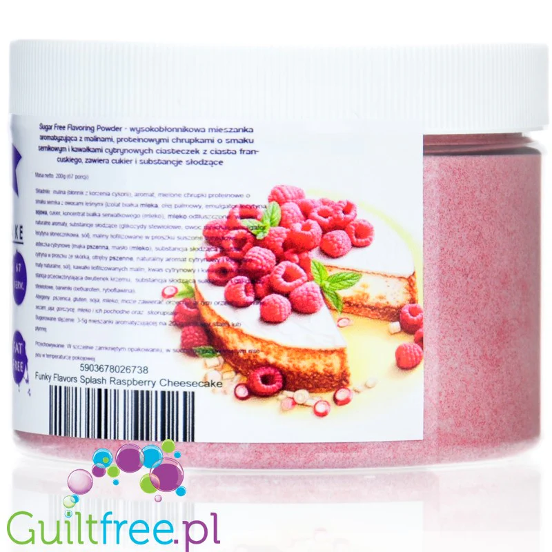 Funky Flavors Splash Raspberry Cheesecake 6kcal 150g - sernikowy aromat słodzący w proszku, z malinami i ciasteczkami - Image 3