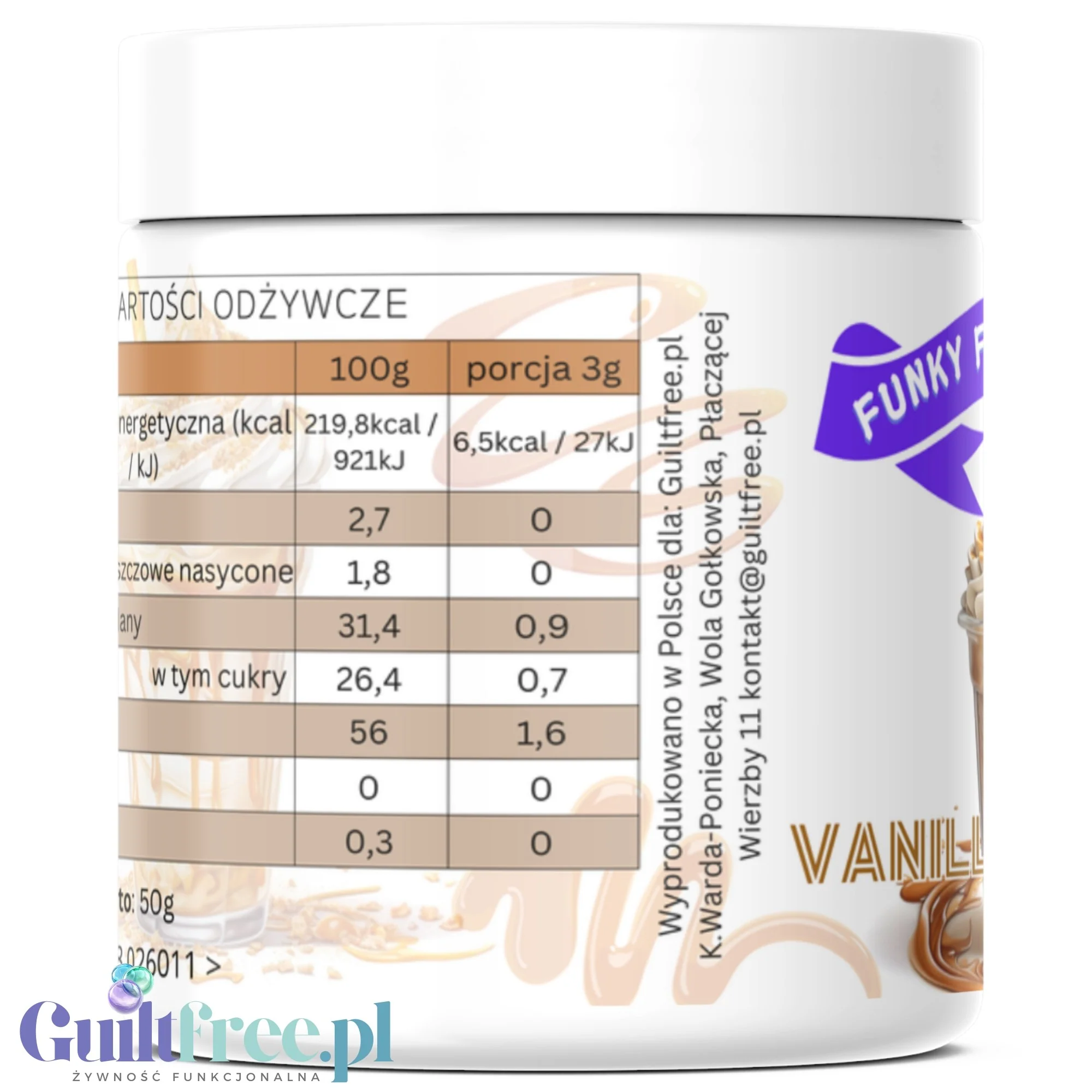 Funky Flavors Splash Vanilla Caramel 50g - błonnikowy aromat słodzący w proszku, Waniliowo-Karmelowy z kruszonką karmelową - Image 4