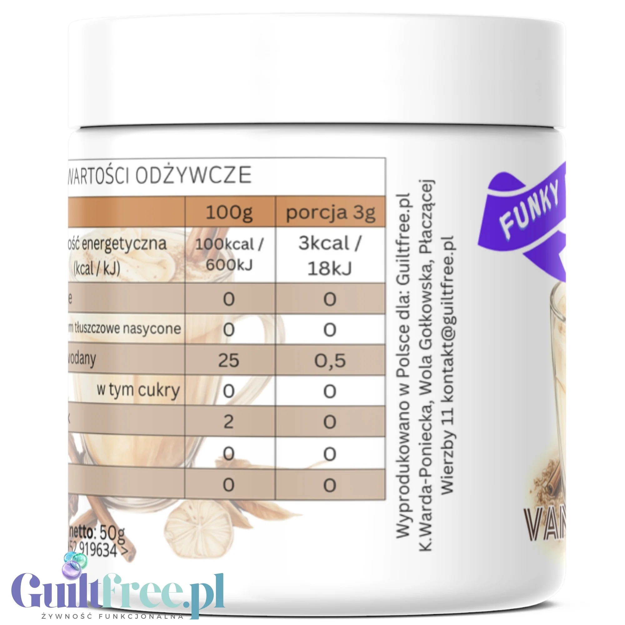 Funky Flavors Splash Vanilla Chai 3kcal 50g - aromat słodzący w proszku, Korzenna Wanilia - Image 4