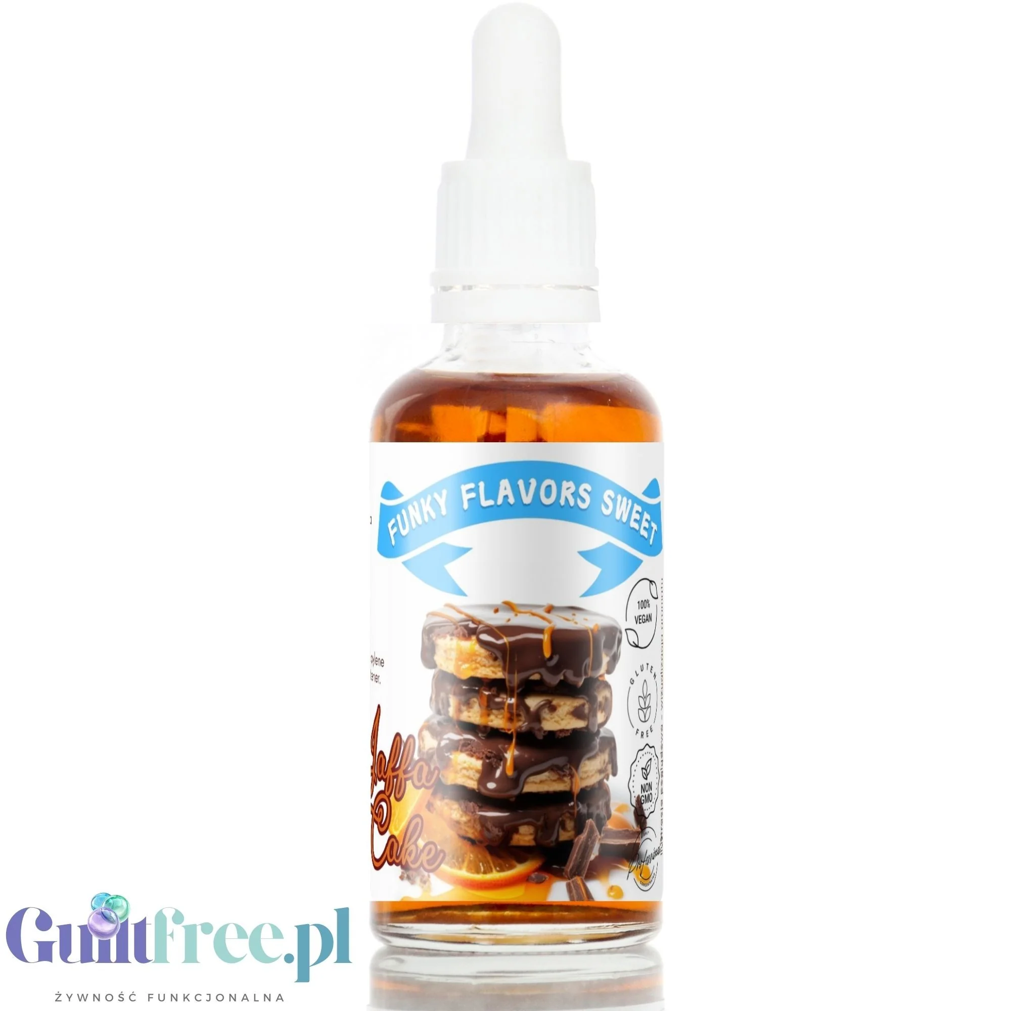 Funky Flavors Sweet Jaffa Cake - słodkie kropelki bez cukru, tłuszczu i kcal, smak biszkopt z czekoladą i pomarańczą
