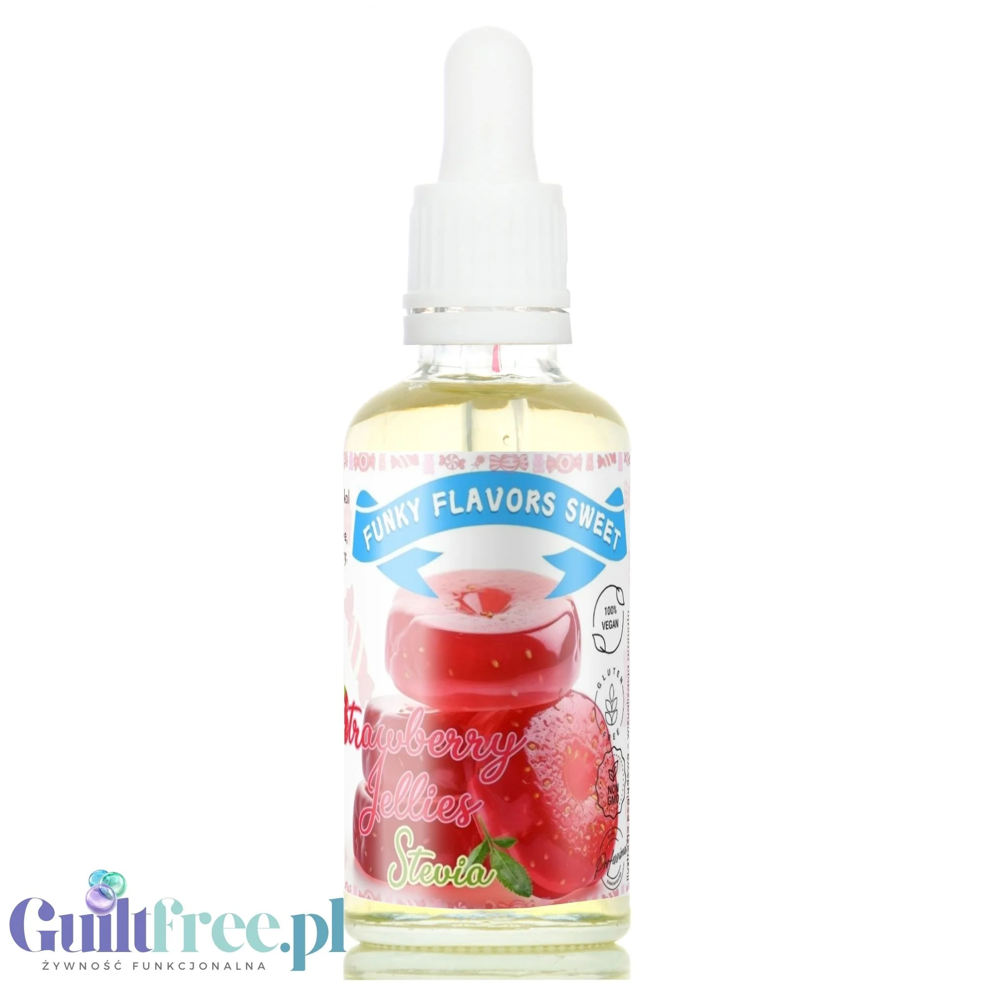 Funky Flavors Sweet Strawberry Jellies STEVIA - słodkie kropelki ze stewią bez cukru, tłuszczu i kcal, smak Żelki Truskawkowe