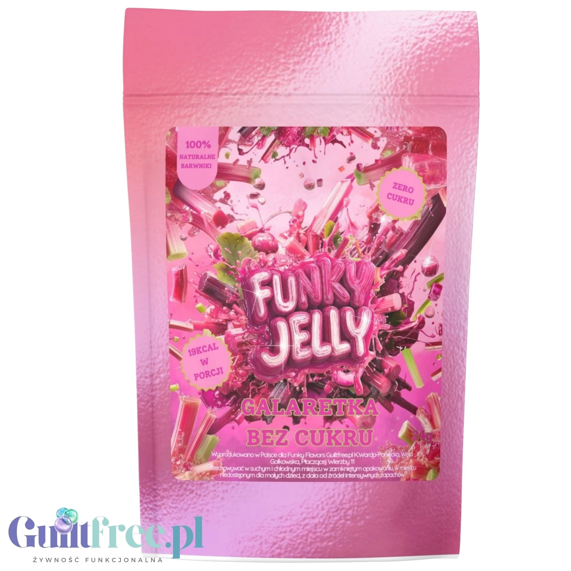 Funky Jelly Rhubarb x 3 porcje - kwaśna galaretka bez cukru 19kcal, smak rabarbarowy