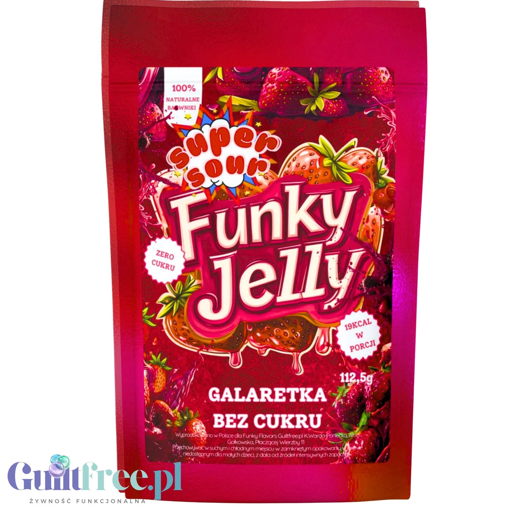 Funky Jelly Strawberry Super Sour Galaretka instant x 15 porcji - KWAŚNA (!) galaretka bez cukru o smaku truskawkowym