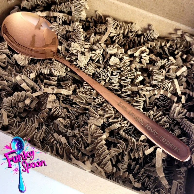 Funky Spoon grawerowana łyżka z afirmacją, Rose Gold 17cm, Eat, Love, Laugh, Repeat - Image 2