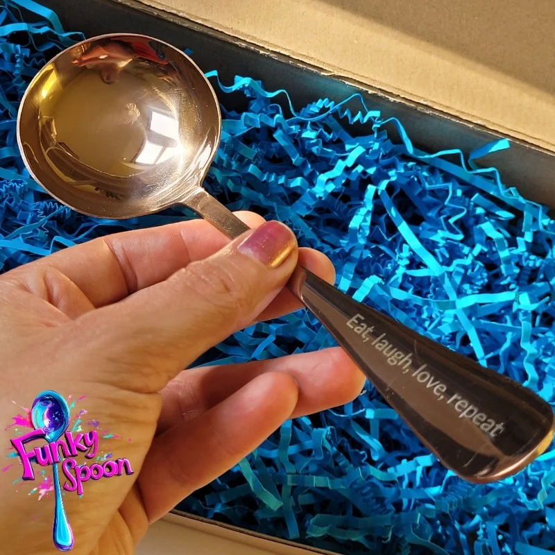 Funky Spoon grawerowana łyżka z afirmacją, Rose Gold 19cm, Eat, Love, Laugh, Repeat - Image 2