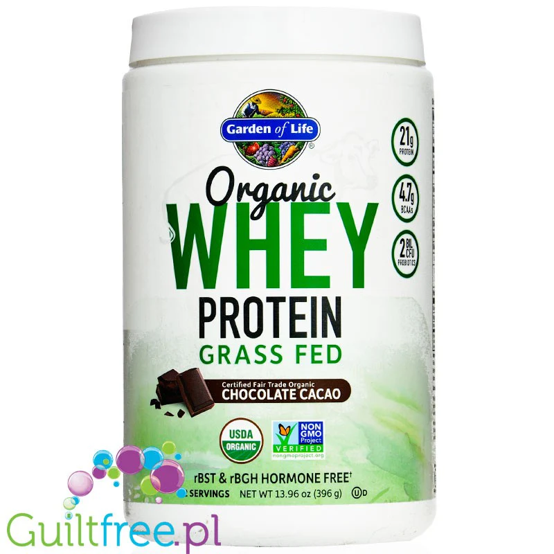 Garden of Life Organic Whey Grass Fed, Chocolate Cacao - bio odżywka białkowa bez cukru, sukralozy, glutenu i soi