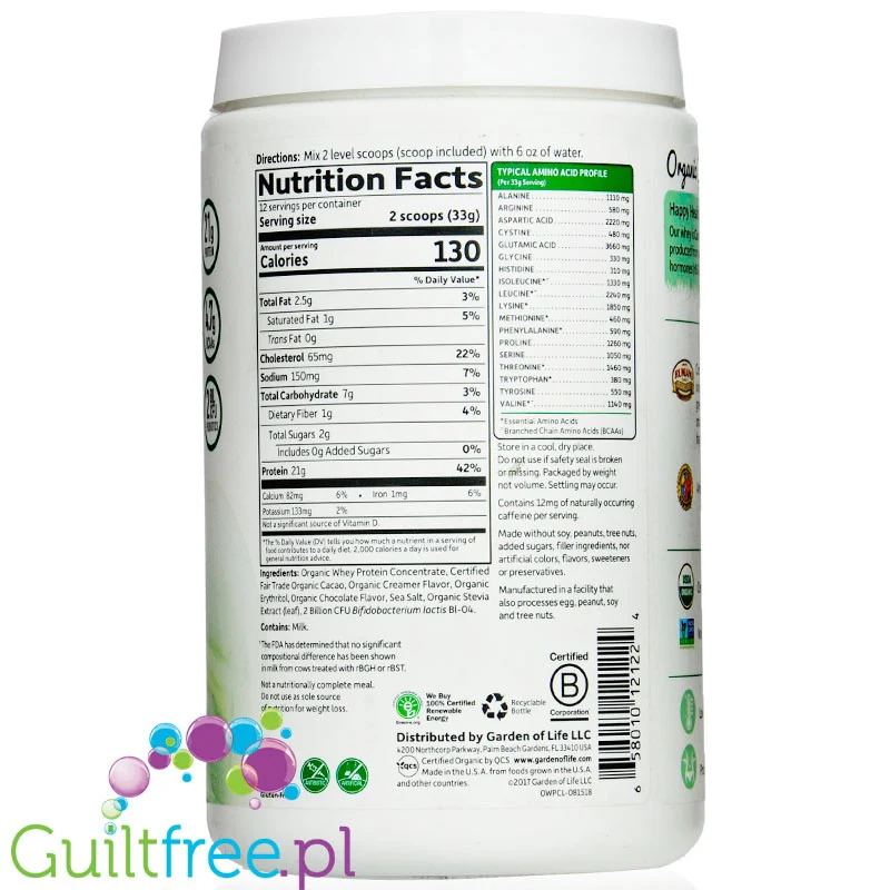 Garden of Life Organic Whey Grass Fed, Chocolate Cacao - bio odżywka białkowa bez cukru, sukralozy, glutenu i soi - Image 2