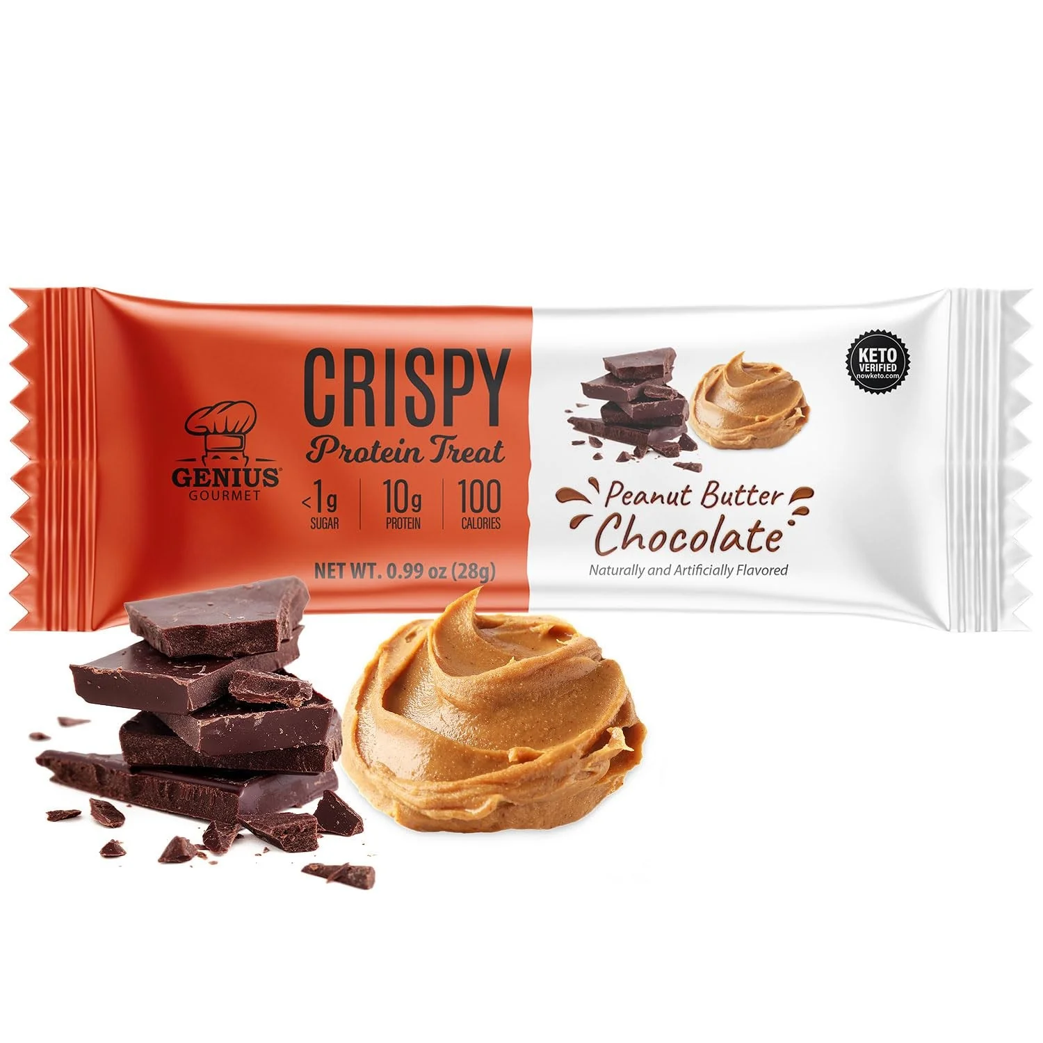 Genius Gourmet Crispy Protein Treat Peanut Butter Chocolate 100kcal - ketogeniczny chrupiący baton z MCT 10g białka & 1g cukru - Image 2