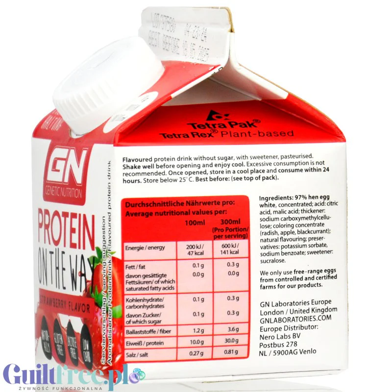 GN Labs Protein On The Way, Strawberry - 30g białka w 140kcal, bezlaktozowy szejk białkow na bazie białek jaj - Image 3