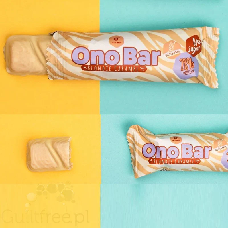 Go Fitness Ono Bar Blondie Caramel - bezglutenowy wafelek a la Bueno w białej czekoladzie z karmelem, 10g białka - Image 2