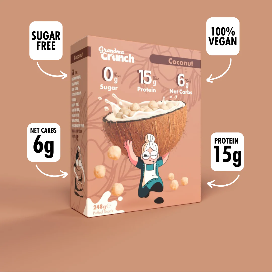 Grandma Crunch Cereal Coconut - wegańskie płatki śniadaniowe bez cukru 50% białka - Image 8