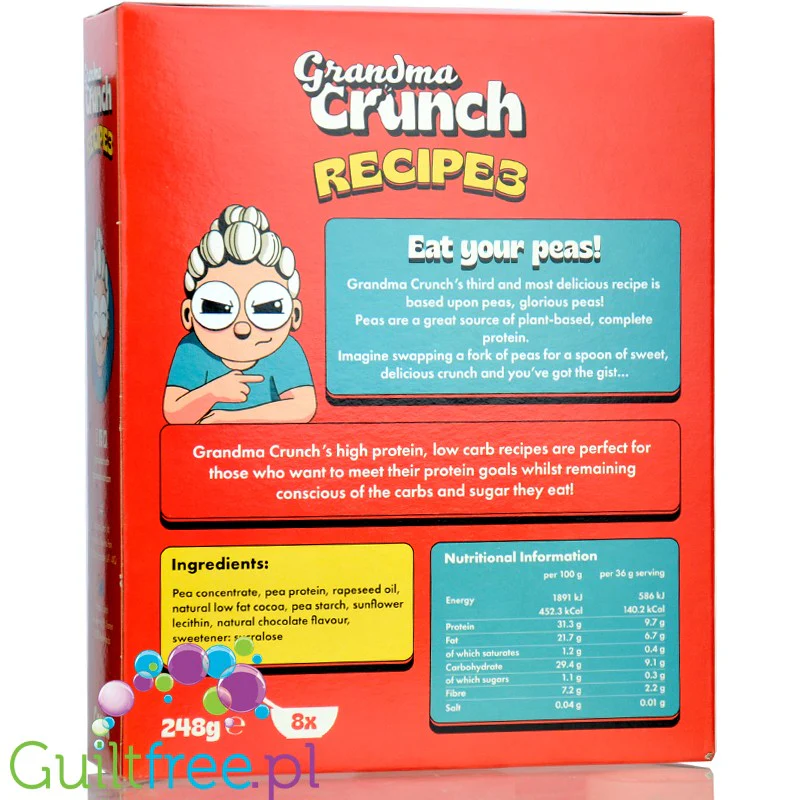 Grandma Crunch Protein Recipe3 Cocoa - wegańskie płatki śniadaniowe bez cukru 30% białka, Kakao - Image 2