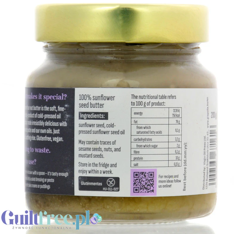 Grapoila Sunflower Seed Butter Raw - surowa miazga z pestek słonecznika 100%, pasta nieprażona słonecznikowa - Image 2