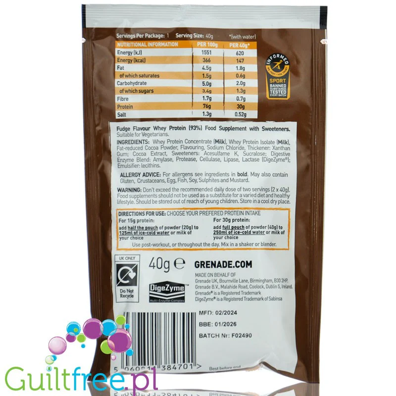 Grenade Protein Whey Fudge Up 40g - WPC & WPI pyszne białko z enzymami trawiennymi DigeZyme, saszetka - Image 2