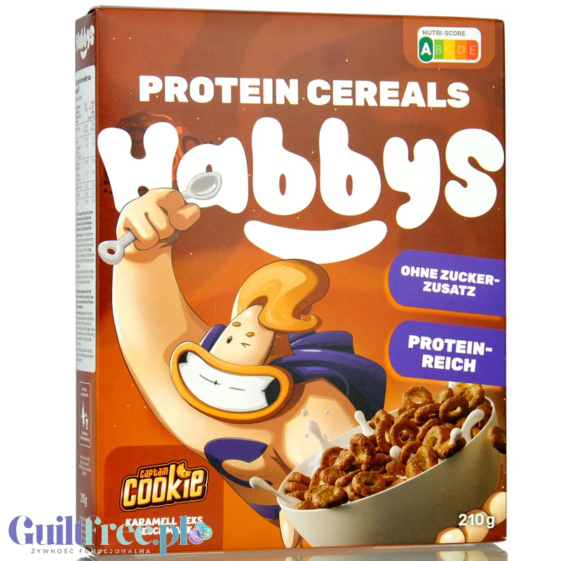 Habbys Captain Cookie Karamellkeks - proteinowe płatki śniadaniowe bez cukru 32g białka, karmelowo-ciasteczkowe