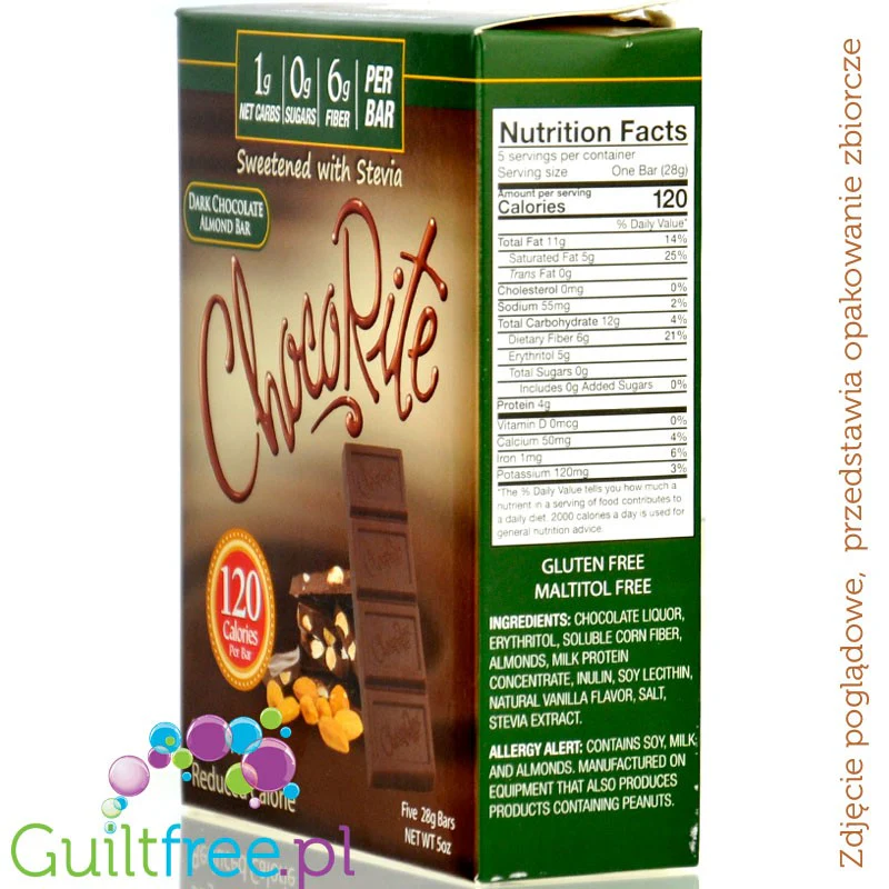 Healthsmart ChocoRite Dark Chocolate Almond - keto czekoladka bez cukru z migdałami, ze stewią i erytrolem - Image 2
