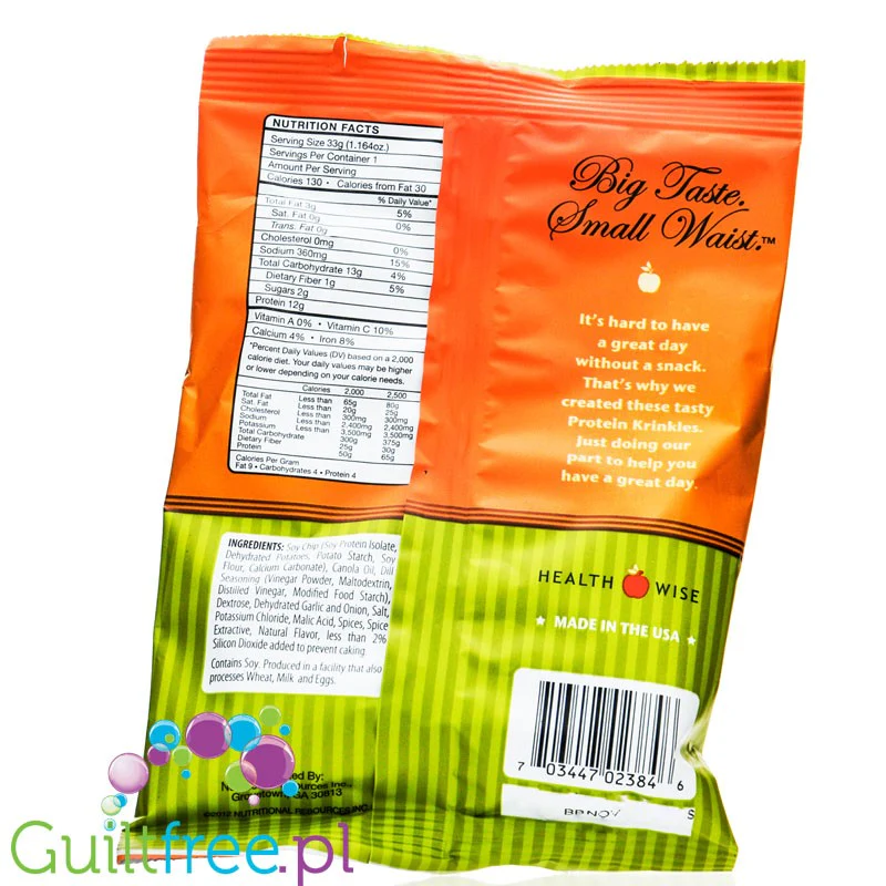 Healthy Living Protein Krinkles, Dill Pickles - wegańskie chrupki proteinowe 36% białka, Koperek & Korniszony - Image 2