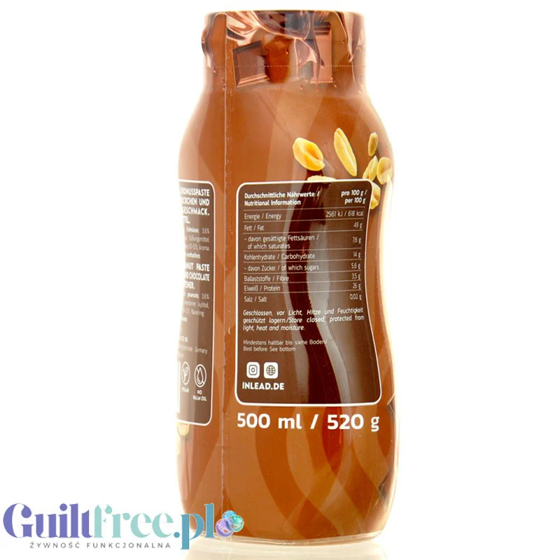 Inlead Peanut Squezze Chocolate 500ml - krem orzechowy w wyciskanej tubie, bez dodatku cukru - Image 3