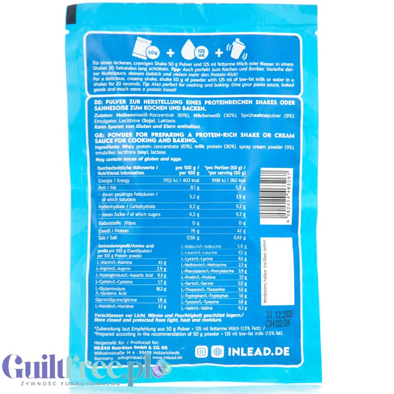 Inlead Protein Sahne 50g saszetka - odżywka białkowa do pieczenia i gotowania, smak śmietankowy, bez cukru i słodzików - Image 2