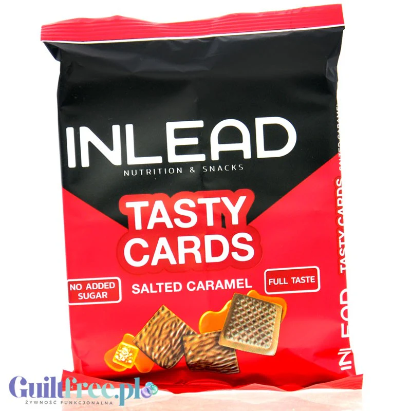 Inlead Tasty Card Salted Caramel – kakaowe ciastka bez cukru z solonym karmelem w polewie z mlecznej czekolady