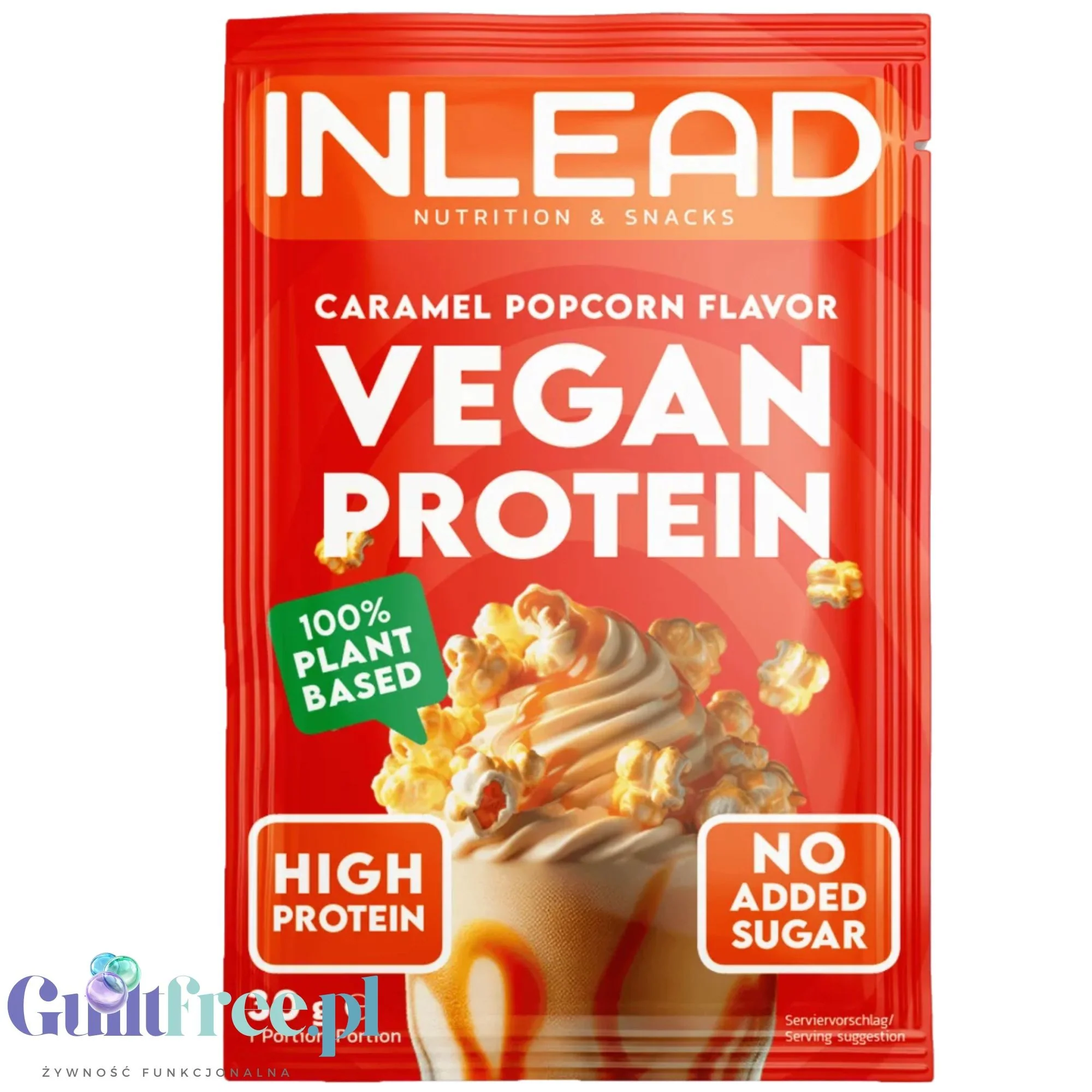 Inlead Vegan Protein Caramel Popcorn 30g - wegańska odżywka proteinowa na bazie 4 białek roślinnych ze stewią