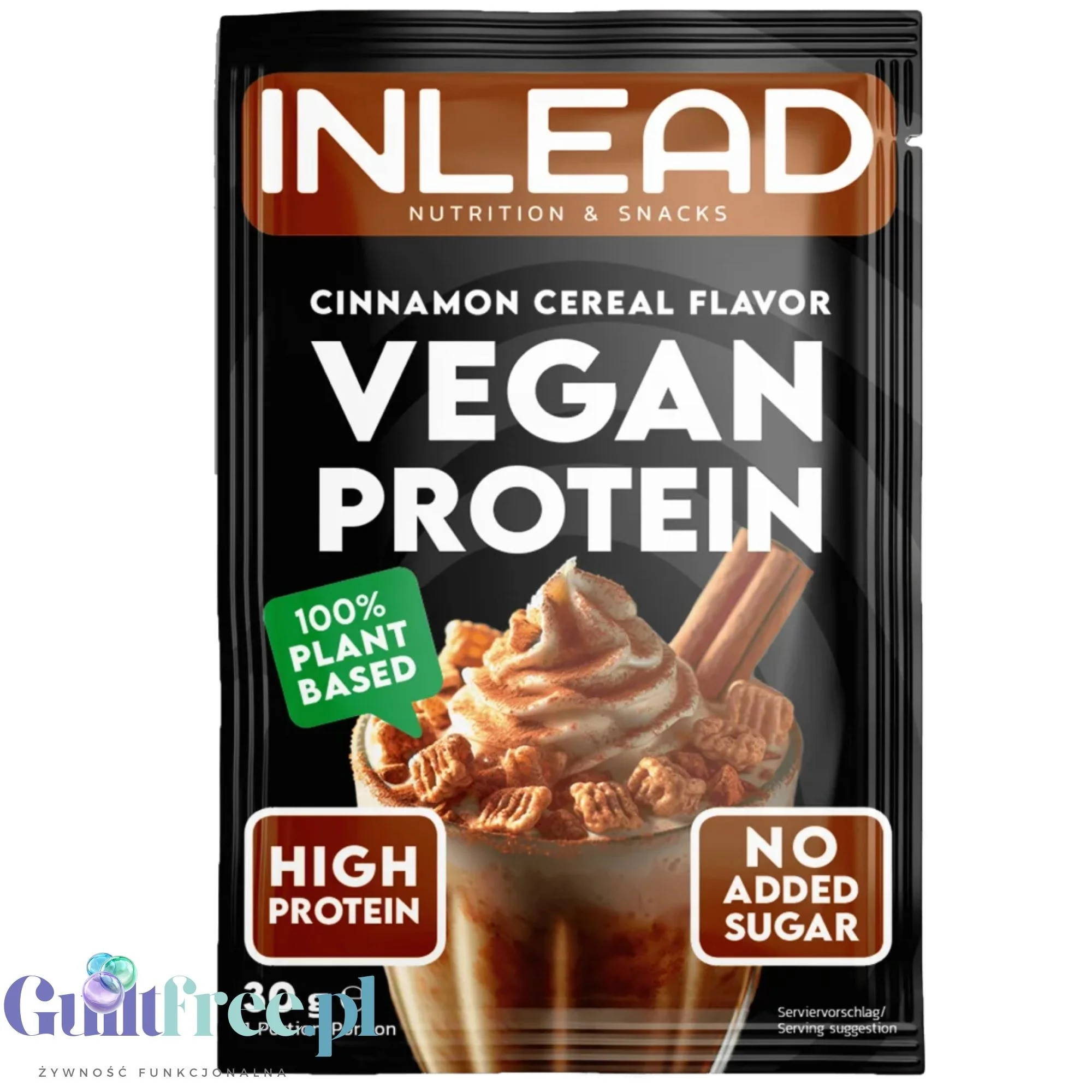 Inlead Vegan Protein Cinnamon Cereal 30g - wegańska odżywka proteinowa na bazie 4 białek roślinnych ze stewią