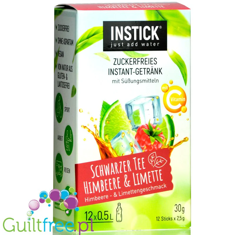 InStick Black Tea Raspberry & Lime - rozpuszczalna saszetka smakowa do napoi bez cukru, Herbata & Malina, 12 saszetek na 0,5L