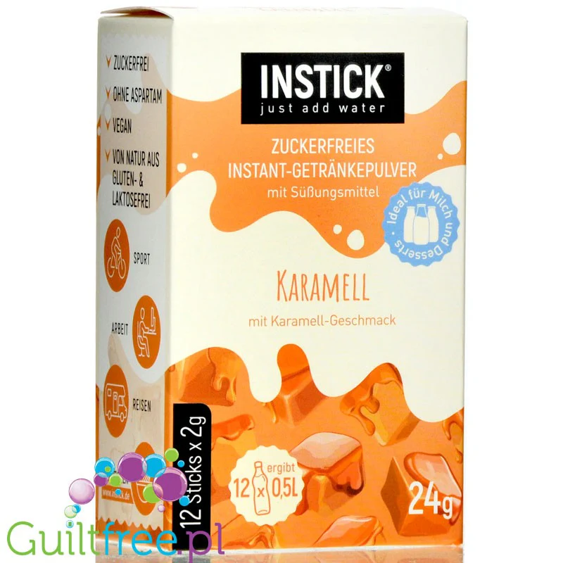 InStick Caramel - rozpuszczalna saszetka smakowa do deserów inapoi bez cukru, 12 saszetek na 0,5L, Karmel