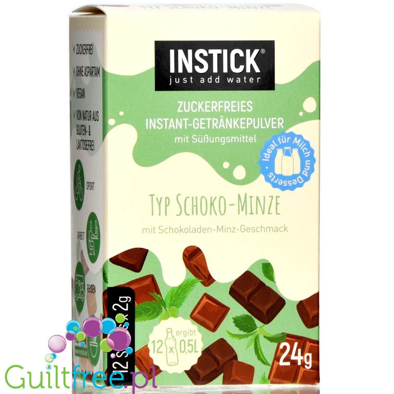 InStick Chocolate & Mint - rozpuszczalna saszetka smakowa do deserów inapoi bez cukru, 12 saszetek na 0,5L, Czekolada & Mięta