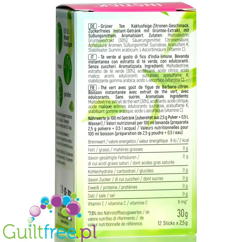 InStick Green Tea, Cactus & Lemon - saszetka smakowa instant do napoi bez cukru, 12 saszetek na 0,5L - Image 2
