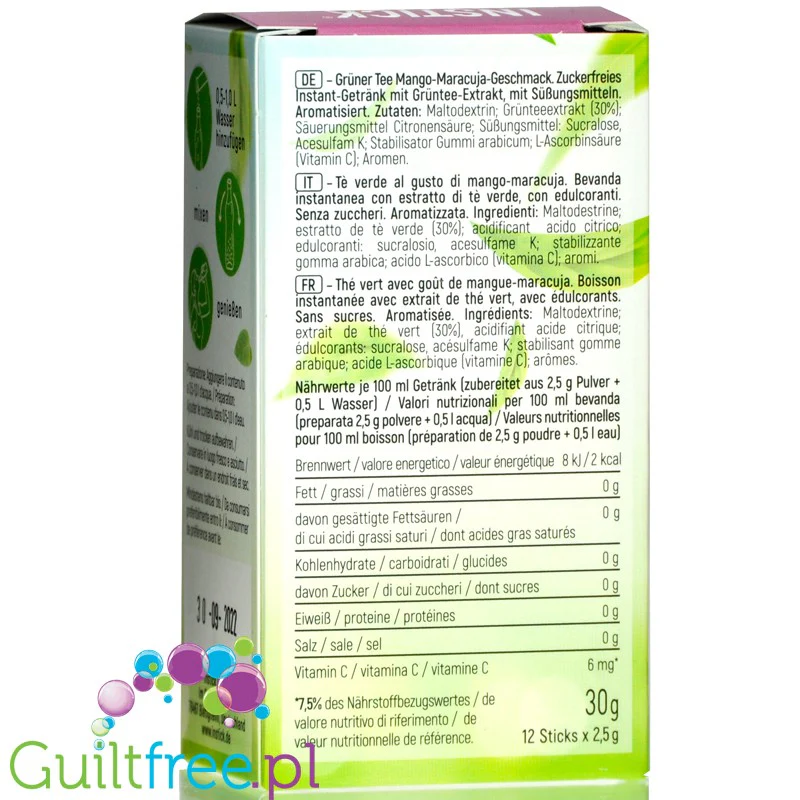 InStick Green Tea Mango & Passionfruit - saszetka smakowa instant do napoi bez cukru, Zielona Herbata, 12 saszetek na 0,5L - Image 2