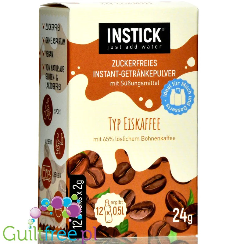 InStick Iced Coffee - rozpuszczalna saszetka smakowa do deserów inapoi bez cukru, 12 saszetek na 0,5L, Mrożona Kawa