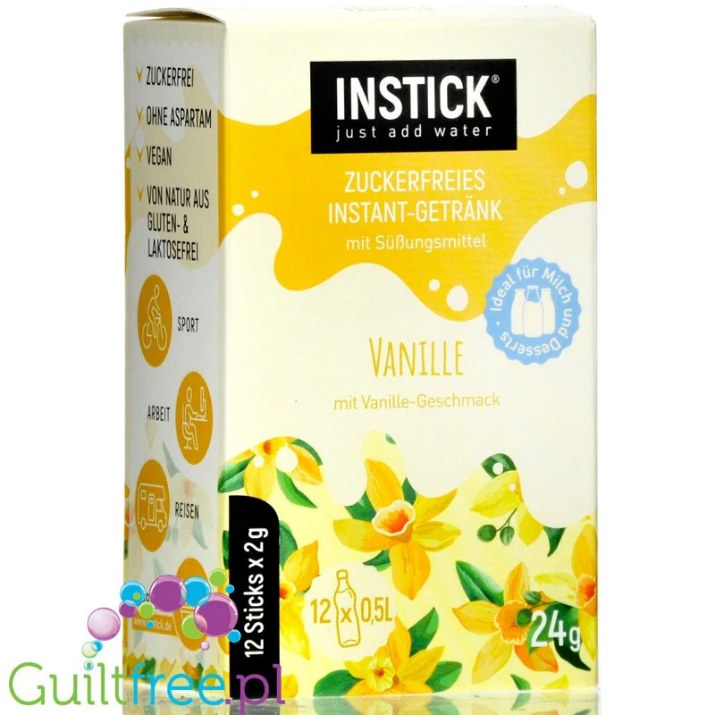 InStick Vanilla - rozpuszczalna saszetka smakowa do deserów inapoi bez cukru, 12 saszetek na 0,5L, Wanilia