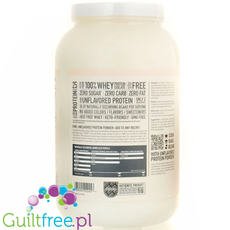 IsoPure Zero Carb Pure 1,36kg - odżywka białkowa bez laktozy, zero węglowodanów 100kcal & 25g białka - Image 3