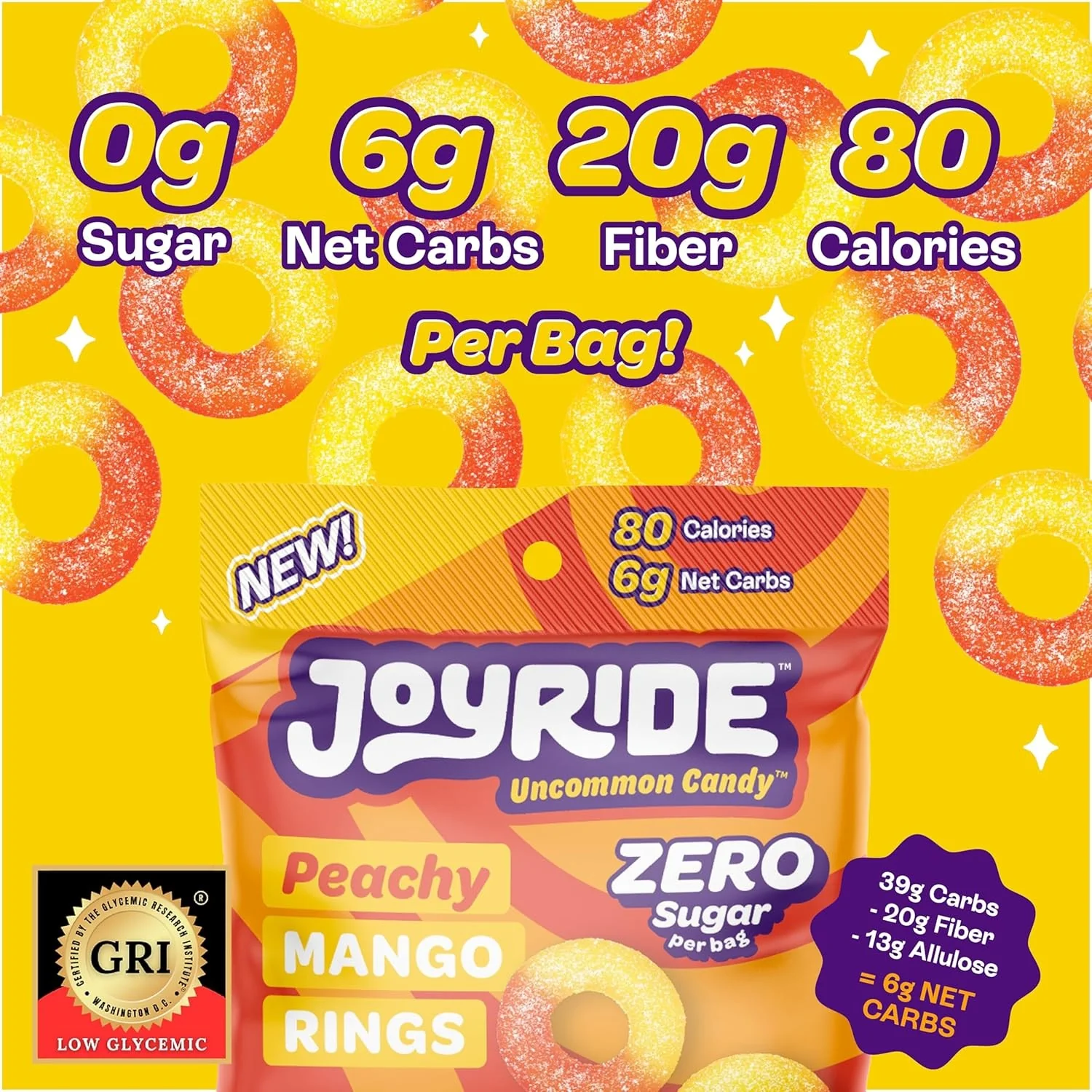 Joyride Uncommon Candy, Peachy Mango Rings - keto żelki owocowe, Obrączki Mango&Brzoskwinia, 6g węglowodanów netto - Image 7