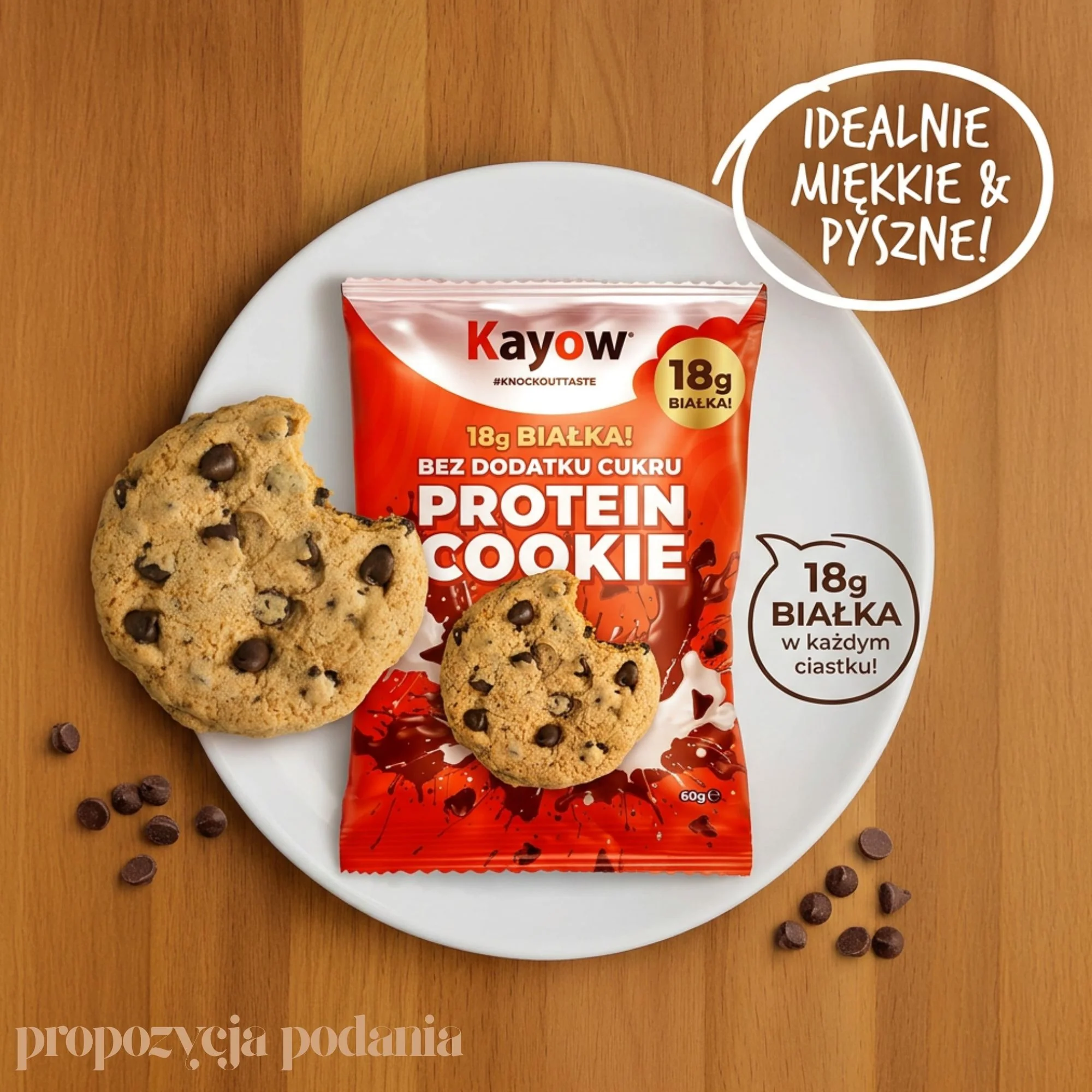 Kayow Protein Cookie Chocolate Chip - ciastko proteinowe bez cukru z kawałkami czekolady 18g białka - Image 2