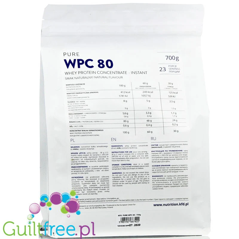 KFD pure WPC 82 0,7kg, naturalne bezsmakowe białko serwatkowe - Image 2