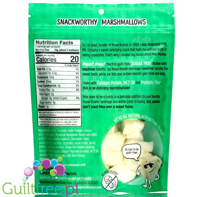 Know Brainer Max Mallow Mint Chip - keto pianki marshmallow miętowe z czekoladą, z koleganem i MCT - Image 2