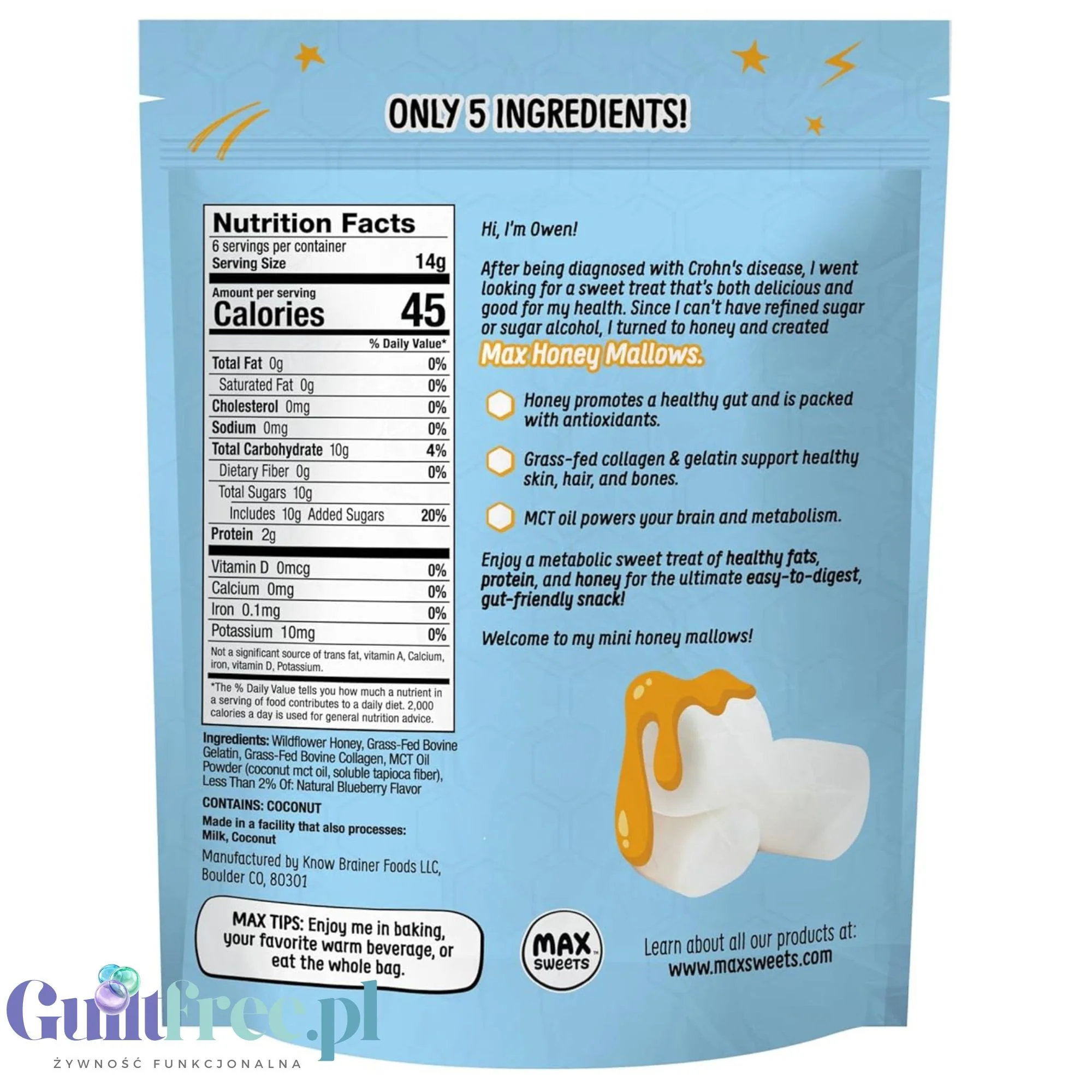 Know Brainer Max Honey Mallow Bold Blueberry Mini Marshmallows - miodowo-jagodowe mini pianki proteinowe z kolaganem i MCT - Image 2