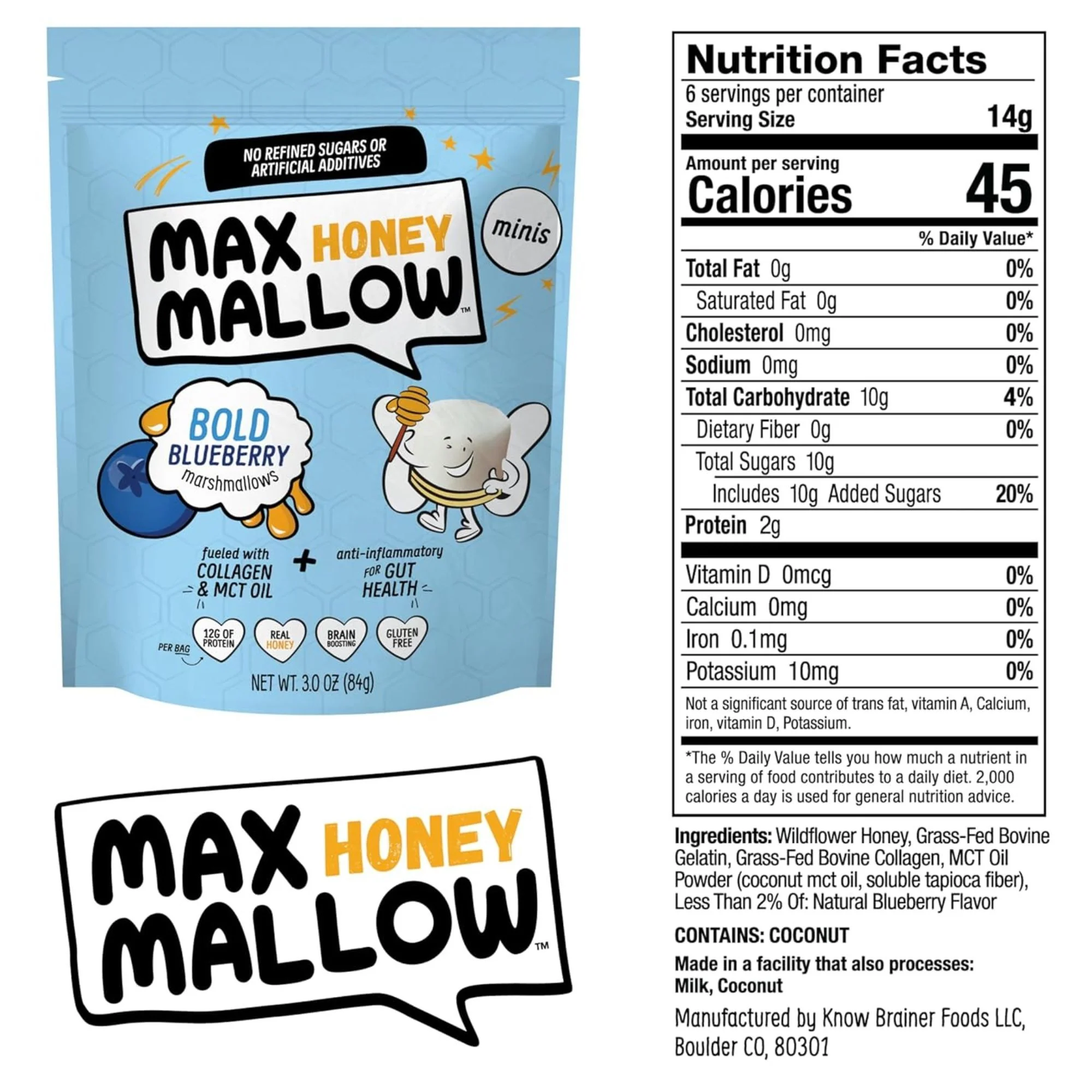 Know Brainer Max Honey Mallow Bold Blueberry Mini Marshmallows - miodowo-jagodowe mini pianki proteinowe z kolaganem i MCT - Image 3