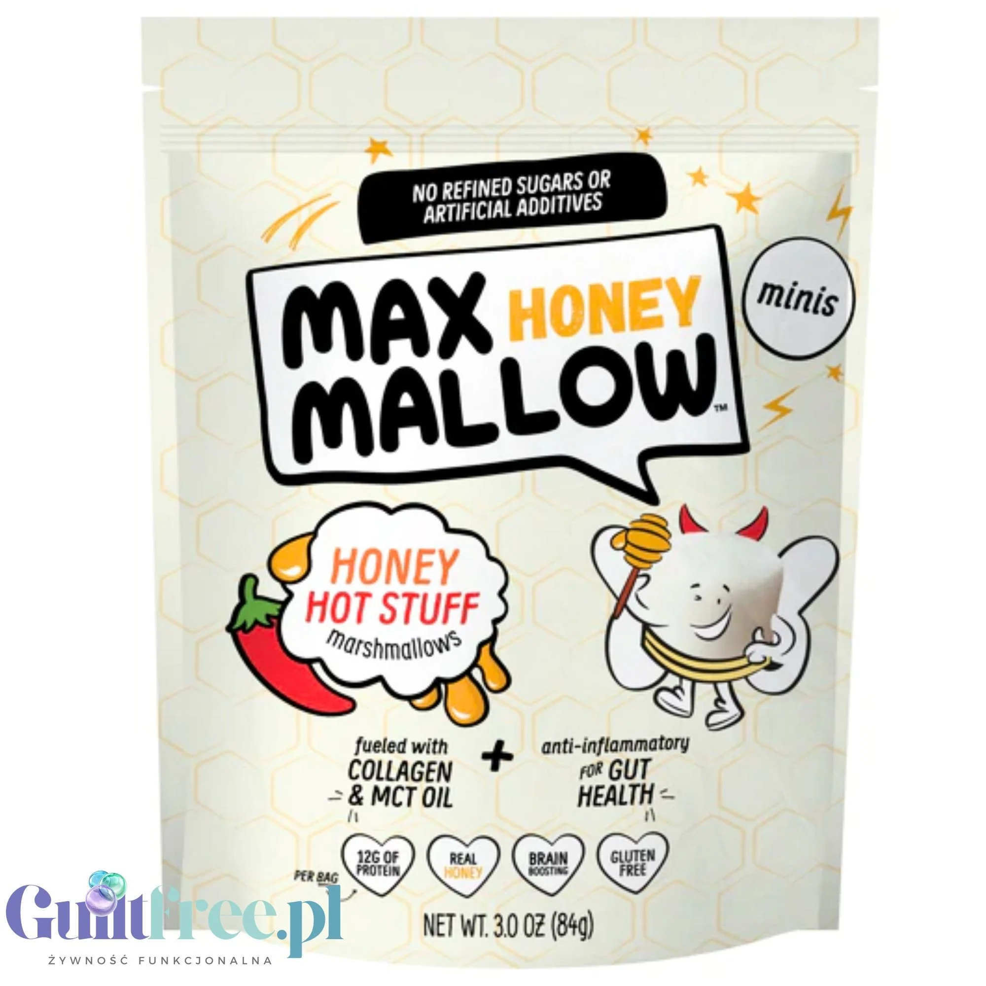 Know Brainer Max Honey Mallow Honey Hot Stuff Mini Marshmallows - pikantne! mini pianki proteinowe z kolaganem i MCT