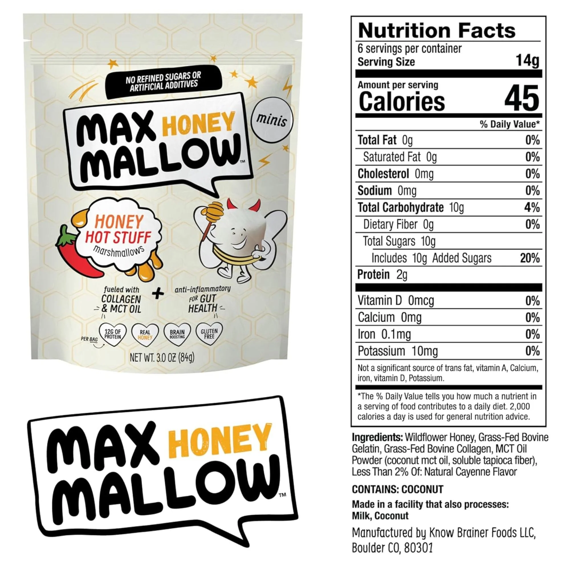 Know Brainer Max Honey Mallow Honey Hot Stuff Mini Marshmallows - pikantne! mini pianki proteinowe z kolaganem i MCT - Image 5