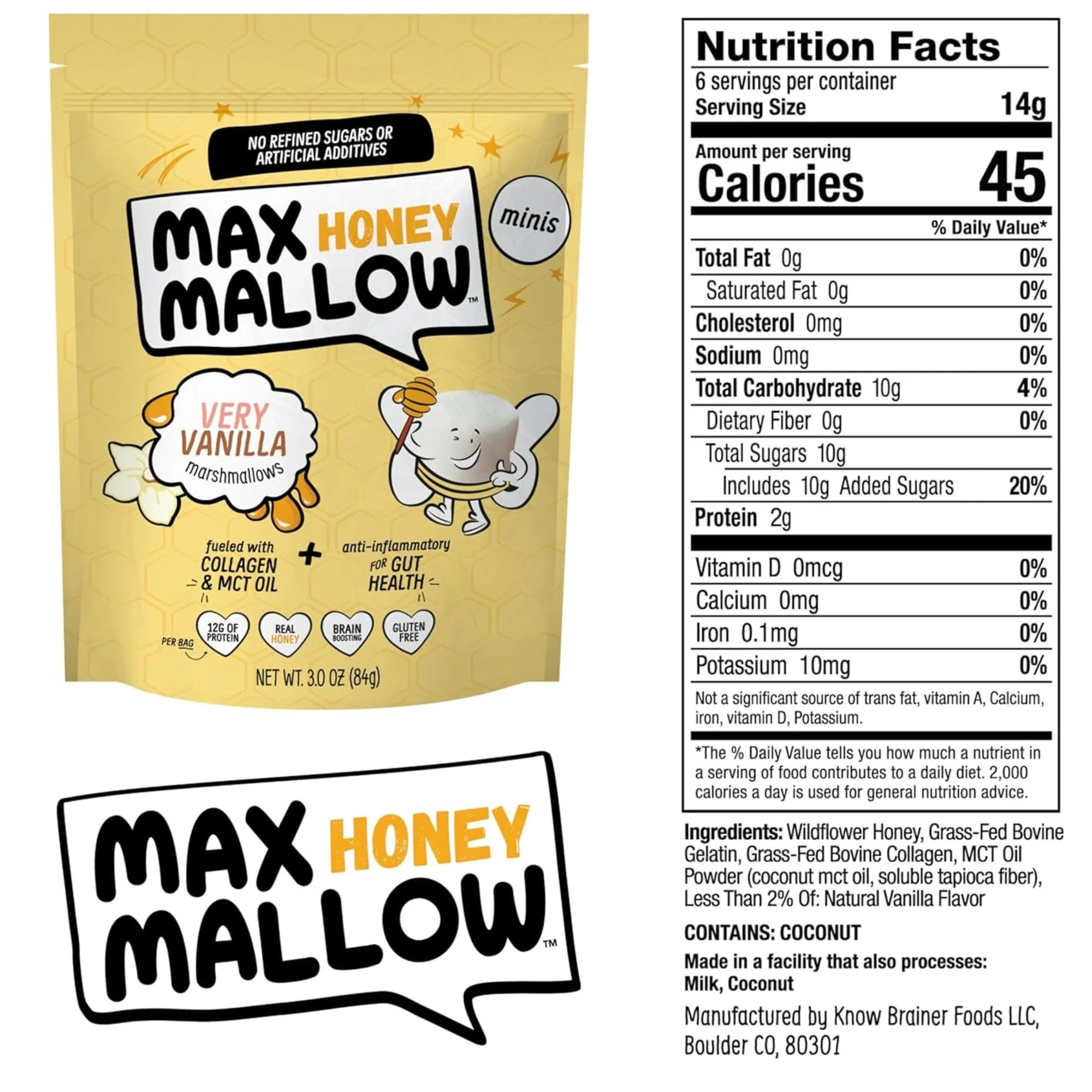 Know Brainer Max Honey Mallow Very Vanilla Mini Marshmallows - miodowe mini pianki proteinowe z koleganem i MCT - Image 5