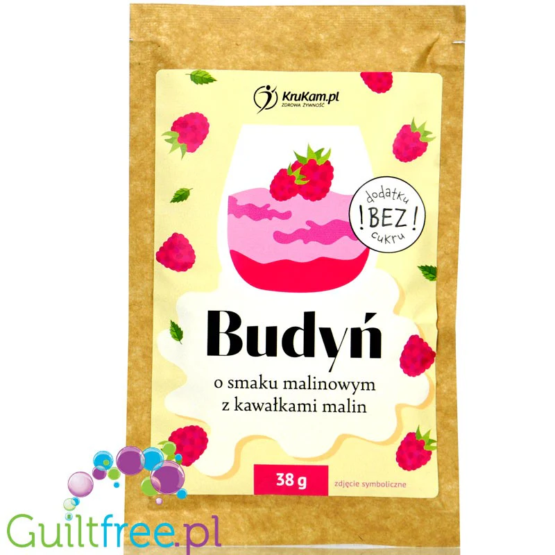 Krukam Budyń Malina - budyń o smaku malinowy z kawałkami malin, bez dodatku cukru