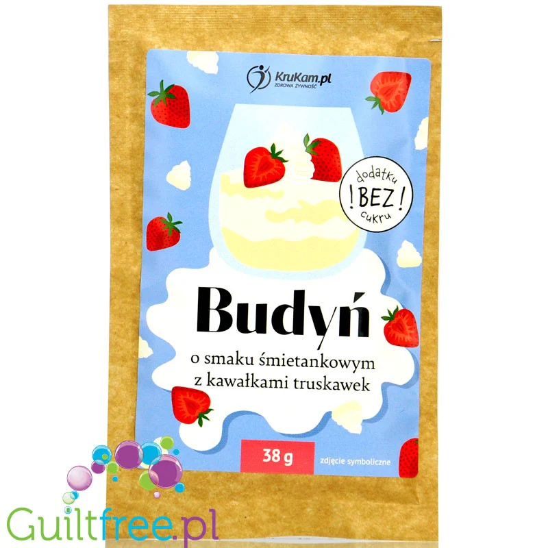 Krukam Budyń Śmietanka & Truskawki - budyń o smaku śmietankowym z kawałkami truskawek, bez dodatku cukru