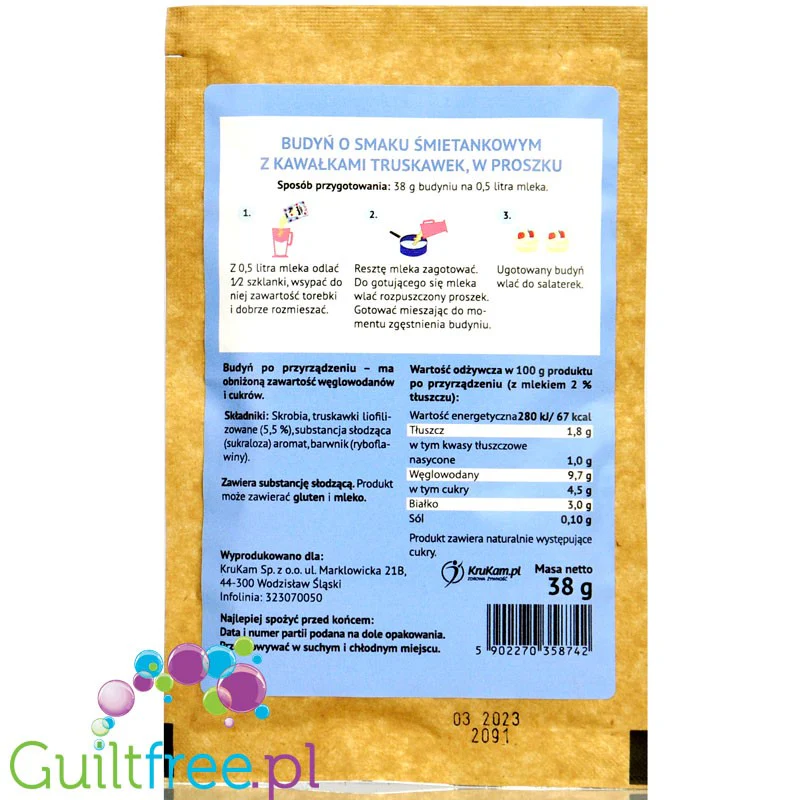 Krukam Budyń Śmietanka & Truskawki - budyń o smaku śmietankowym z kawałkami truskawek, bez dodatku cukru - Image 2