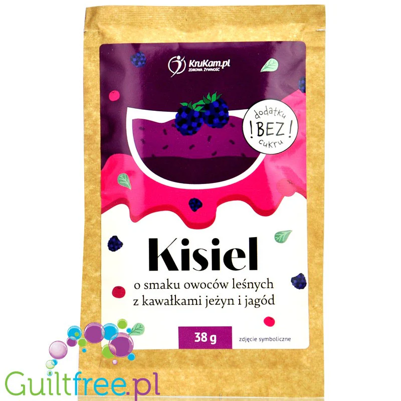 Krukam Kisiel Owoce Leśne - kisiel o smaku owoców leśnych z kawałkami jeżyn i jagód, bez dodatku cukru