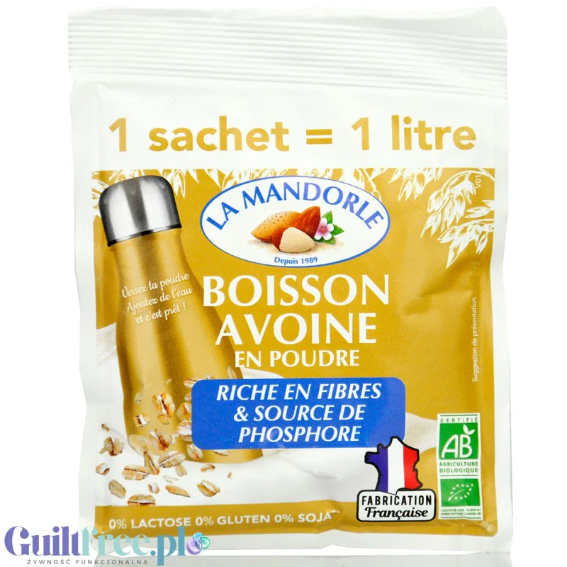 La Mandorle Boisson Avoine 80g - bezglutenowe mleko owsiane w proszku bez dodatku cukru, do przygotowania 1L napoju
